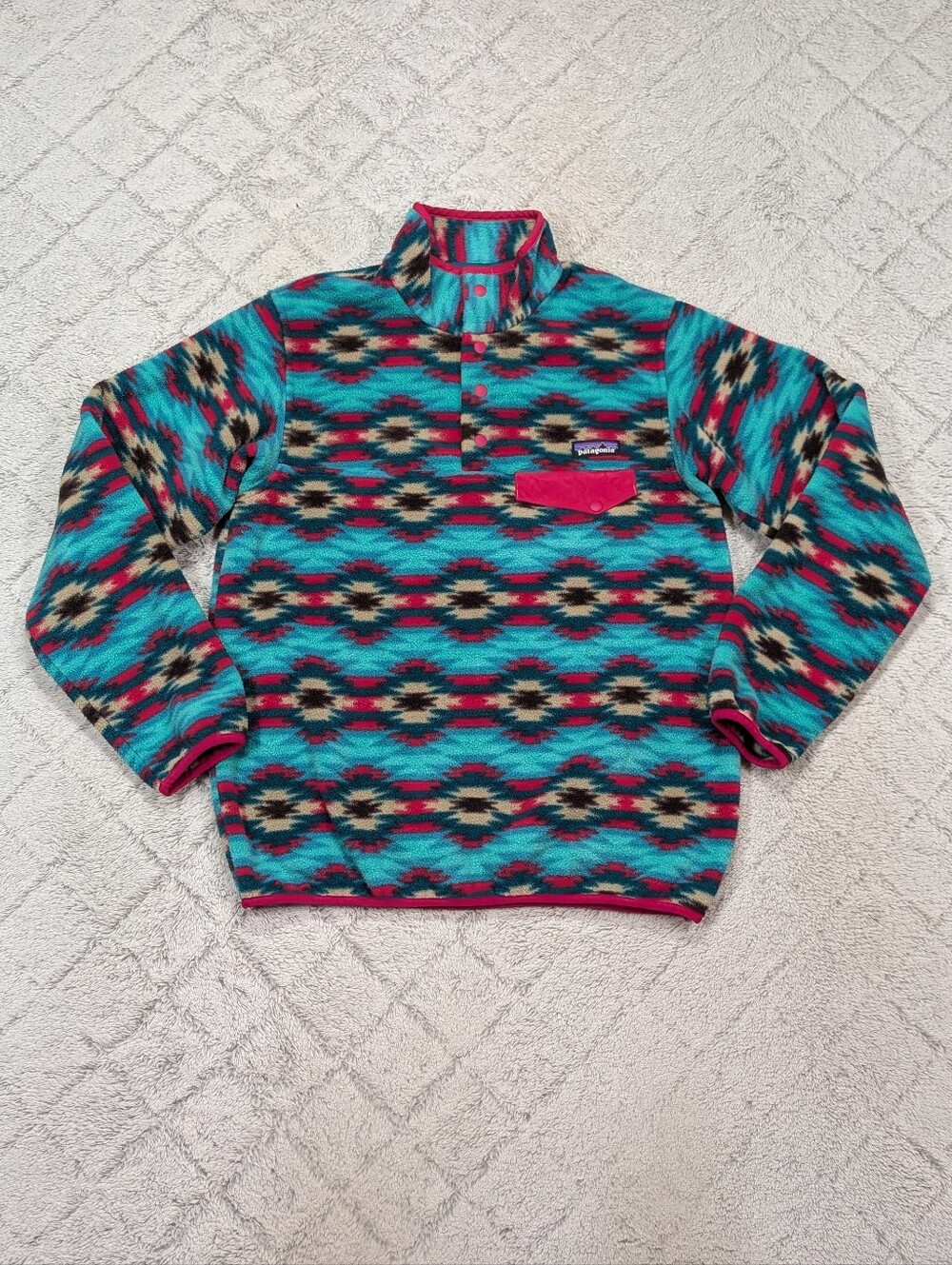 Patagonia Jacket Womens M Green Teal Pink Desert Aztec Synchilla Snap T Fleece
